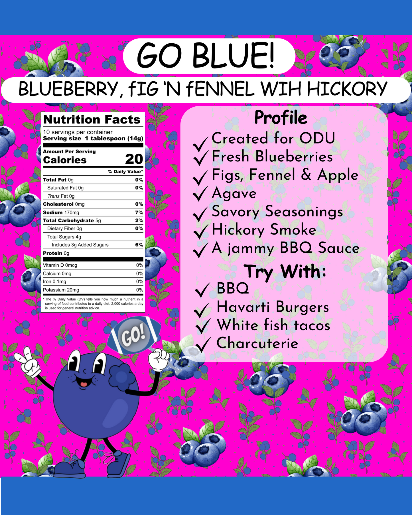 GO BLUE! BLUEBERRY, FIG N FENNEL, WITH HICKORY HOT SAUCE